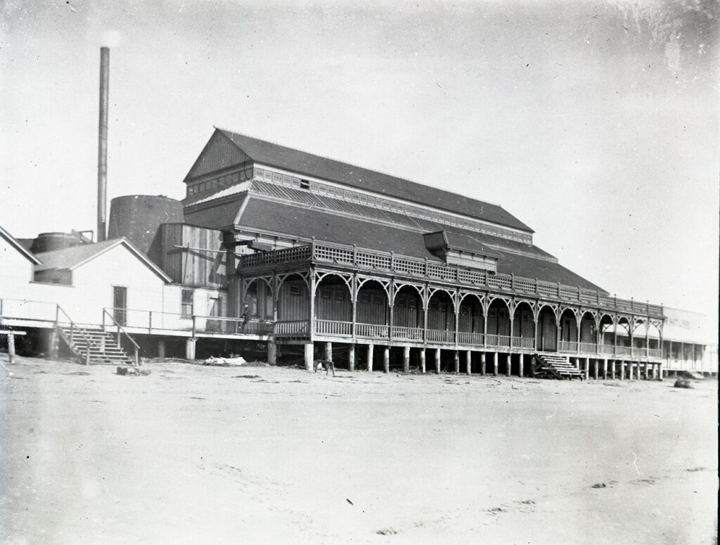 In 1893, two prominent families in the Bathhouse business combined forces and built the Miller-Leibbrandt Plunge Baths. It was purchased in 1903 by the Santa Cruz Beach Company to be part of the new Neptune Casino complex.